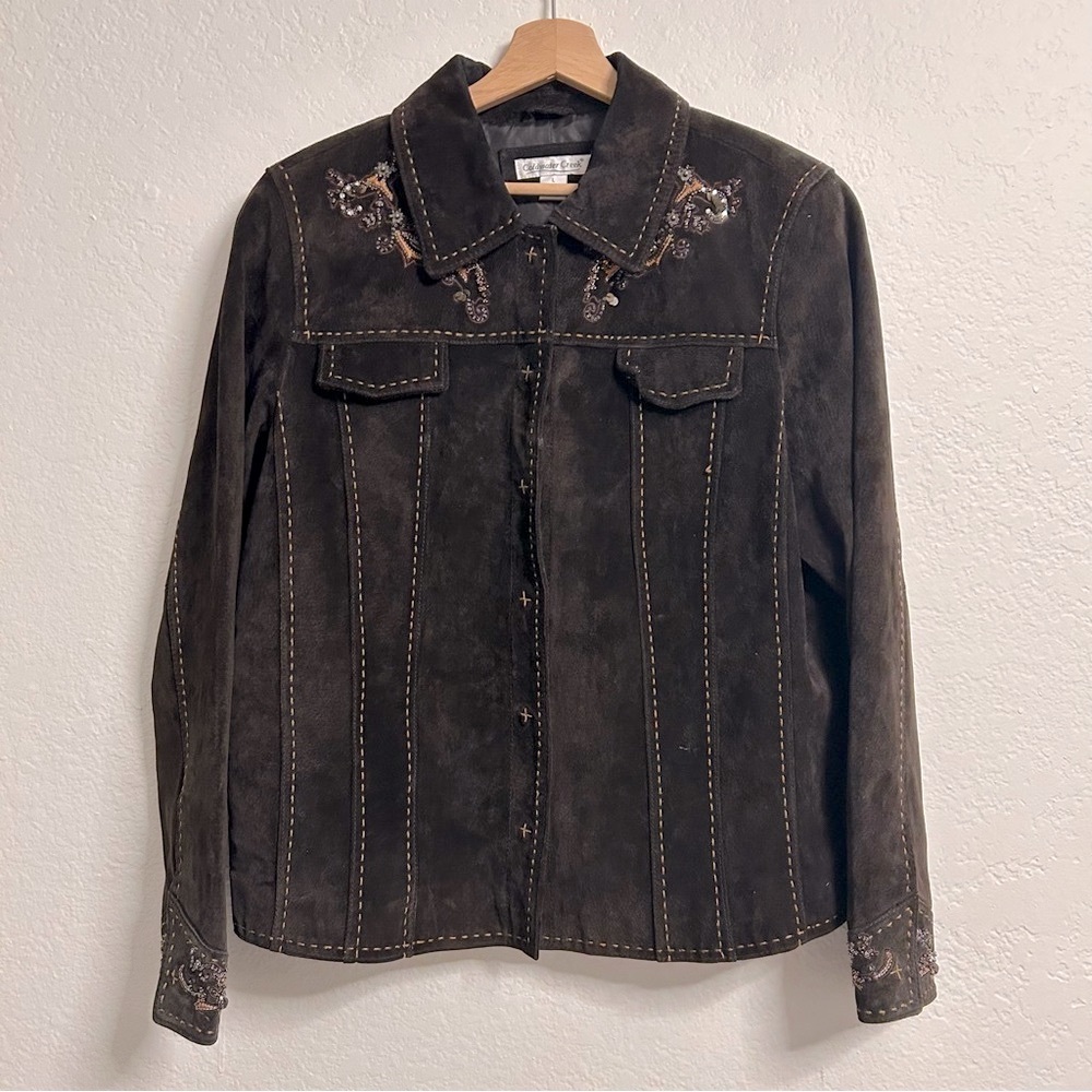 VTG‎ Coldwater Creek Embellished Beaded Brown Leather Suede Jacket, Size L